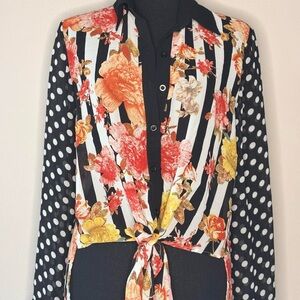 Vibrant Floral and Polka Dot Tie-Front Blouse